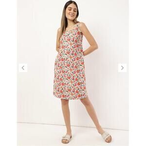 M&S Collection Linen Floral Square Neck Midi Dress Cream Orange Sz 8 Sleeveless